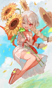 1girl bag bat_wings black_ribbon blue_sky braid cleavage_cutout clothing_cutout cloud collarbone commentary dress falling_feathers fangs feathers flower flying frilled_dress frills grey_hair hair_ribbon handbag highres holding holding_flower lack low_wings makaino_ririmu makaino_ririmu_(3rd_costume) multicolored_hair nijisanji one_eye_closed red_bag red_eyes red_hair red_wings ribbon sky slippers smile solo strap_slip streaked_hair summer sundress sunflower twin_braids unworn_headwear virtual_youtuber white_dress white_slippers wings wrist_cuffs