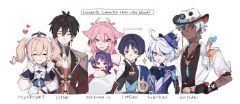 3boys 4girls ahoge animal_ears aqua_belt aqua_eyes aqua_gemstone arm_at_side arm_behind_back armor ascot asymmetrical_sleeves bags_under_eyes barbara_(genshin_impact) belt black_bodysuit black_bridal_gauntlets black_eyes black_gloves black_hair blonde_hair blue_cape blue_eyes blue_hair blue_hat blue_kimono blunt_ends blush bodysuit bow braid bridal_gauntlets bright_pupils brooch brown_sleeves brown_suit brown_vest cape choppy_bangs clenched_hands closed_eyes closed_mouth coat collar cowboy_hat cropped_torso cross cross_print dark-skinned_male dark_skin detached_collar detached_sleeves dress earrings english_text eyelash_ornament facing_viewer feathers flower formal_clothes fox_ears fox_girl fringe_trim furina_(genshin_impact) gem genshin_impact gloves gold gold_ring grey_collar hair_between_eyes hair_flower hair_ornament hand_on_own_chest hand_on_own_hip hand_on_own_neck hand_up hands_up hat hat_bow heterochromia highres holding holding_mini_person ifa_(genshin_impact) jacket japanese_armor japanese_clothes jewelry juban kimono kote kurokote lab_coat lapels layered_sleeves long_hair long_sleeves looking_at_another looking_at_viewer low-braided_long_hair low-tied_long_hair mandarin_collar middle_ring mini_hat mini_person mini_top_hat minigirl mismatched_pupils mole mole_under_eye multicolored_hair multiple_boys multiple_girls nonons nontraditional_miko o-ring open_clothes open_coat open_kimono open_mouth pink_hair purple_ascot purple_bow purple_eyes purple_flower purple_hair purple_jacket purple_pupils purple_sash purple_sleeves purple_suit raiden_shogun red_sleeves ringlets sash scar scar_across_eye scar_on_arm scar_on_face scaramouche_(genshin_impact) short_hair shoulder_peek sidelocks smile streaked_hair suit suit_jacket sweatdrop tassel tassel_earrings top_hat twintails undershirt vest vision_(genshin_impact) wanderer_(genshin_impact) white_background white_coat white_collar white_dress white_hair white_hat white_kimono white_pupils white_sleeves white_trim white_vest yae_miko zhongli_(genshin_impact)