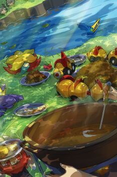 1other applin arrokuda asagi1111 bowl closed_eyes commentary_request cramorant curry eating falinks fire food gen_8_pokemon gossifleur grass highres holding holding_ladle ladle leaf light_beam nintendo pokemon pokemon_(creature) pot raboot rice skwovet steam toxtricity toxtricity_(amped) water