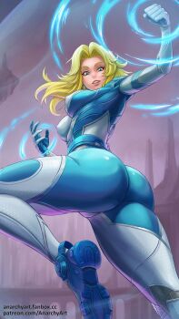 Rule 34 | 1girl, absurdres, anarchyart, ass, blonde hair, blue eyes, bodysuit, breasts, covered erect nipples, energy, fanbox username, fantastic four, from below, highres, long hair, looking down, marvel, marvel rivals, paid reward available, patreon username, skin tight, smile, solo, sue storm, superhero costume, teeth, twisted torso