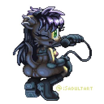 1girl animal_ears animal_nose anus artist_name ass backlighting bare_shoulders black_boots black_gloves boots bottomless breasts cable cleft_of_venus clothes_lift crop_top earrings elbow_gloves female_focus from_behind full_body furry furry_female gloves green_eyes hand_on_own_knee hand_up happy holding holding_microphone jewelry knee_boots long_hair looking_at_viewer looking_back microphone mina_mongoose multiple_earrings nipples one_eye_closed open_mouth pixel_art purple_hair pussy rockthebull shirt shirt_lift simple_background small_breasts smile solo sonic_(series) sonic_the_hedgehog_(archie_comics) squatting tail tiptoes transparent_background twitter_username uncensored watermark white_shirt wink