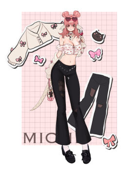 1girl au_ra averting_eyes bag black_footwear black_pants blush breasts candy closed_mouth collar commission crop_top detached_sleeves dragon_horns dragon_tail eyebrows_hidden_by_hair final_fantasy final_fantasy_xiv food full_body hair_between_eyes handbag heart heart-shaped_eyewear highres holding holding_bag holding_candy holding_food holding_lollipop horns large_breasts lollipop looking_down navel octoboo pants patchwork_clothes pink-tinted_eyewear pink_bag pink_eyes pink_hair scales skeb_commission smile solo sticker stomach tail tinted_eyewear warrior_of_light_(ff14) white_collar