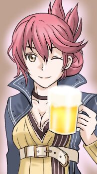 Rule 34 | 1girl, alcohol, beer, beer mug, belt, breasts, choker, cleavage, commentary request, cup, drink, eiyuu densetsu, folded ponytail, holding, holding drink, large breasts, light smile, mug, one eye closed, pink hair, sara valestein, sen no kiseki, sen no kiseki (series), sen no kiseki i, sen no kiseki iii, simple background, surasho oekaki, yellow eyes