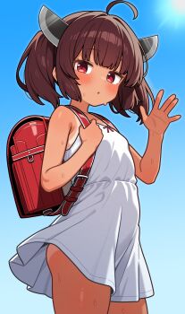 1girl :o absurdres ahoge backpack bag blue_background blush commentary_request dress gradient_background hand_up highres looking_at_viewer no_panties randoseru red_eyes shiguren_39 short_hair sleeveless sleeveless_dress solo sun sweat sweatdrop tan tanline touhoku_kiritan twintails voiceroid white_dress