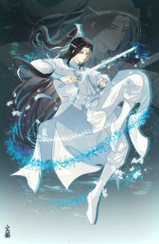 Rule 34 | 1boy, absurdres, artist name, aura, bichen sword, bishounen, black hair, blue sash, boots, chinese clothes, chinese commentary, closed mouth, coat, commentary request, cryokinesis, fighting stance, full body, hanfu, headband, high ponytail, highres, holding, holding sword, holding weapon, jian (weapon), lan wangji, long hair, long sleeves, looking at viewer, male focus, modao zushi, open clothes, open coat, pants, ponytail, robe, sash, snowflakes, solo, sword, sword tassel, tassel, very long hair, watermark, weapon, weibo watermark, white boots, white coat, white hanfu, white headband, white pants, xiao guan (headdress), xuan mao, yellow eyes, zoom layer