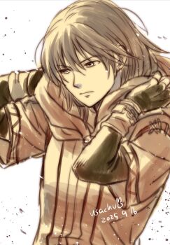 1boy artist_name black_gloves brown_eyes brown_hair closed_mouth commentary_request dated fingerless_gloves fire_emblem fire_emblem:_the_binding_blade gloves highres hood hood_down long_hair looking_to_the_side male_focus nintendo rutger_(fire_emblem) simple_background solo upper_body usachu_now white_background