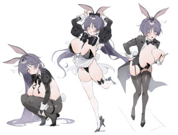 1girl animal_ear_hairband animal_ears apron au_au08 black_bow black_bowtie black_leotard black_pantyhose black_shoes black_shrug blush bow bowtie breast_press breasts choppy_bangs commentary_request fake_animal_ears fake_tail garter_straps genderswap genderswap_(mtf) genshin_impact hair_between_eyes hair_bow hairband high_heels highres holding holding_tray huge_breasts leotard long_hair long_sleeves looking_at_viewer multiple_views one_eye_closed open_mouth pantyhose playboy_bunny purple_eyes purple_hair rabbit_ear_hairband rabbit_ears rabbit_tail reverse_bunnysuit reverse_outfit scaramouche_(genshin_impact) shoes short_hair shrug_(clothing) simple_background smile squatting standing standing_on_one_leg strapless strapless_leotard tail thighhighs tray waist_apron white_apron white_background white_thighhighs