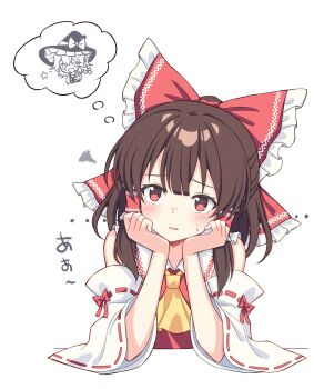 2girls absurdres ascot blush bow brown_hair chinese_commentary closed_mouth commentary_request detached_sleeves frilled_bow frilled_hair_tubes frills hair_bow hair_tubes hakurei_reimu highres implied_yuri kirisame_marisa long_hair multiple_girls red_bow red_eyes ribbon-trimmed_sleeves ribbon_trim setteiset solo_focus speech_bubble squiggle sweatdrop thought_bubble touhou translation_request yellow_ascot