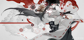 1girl absurdres alternate_costume black_hair black_skirt chisa_(wuthering_waves) clothing_request detached_sleeves from_side hair_ribbon highres japanese_clothes limited_palette long_hair long_skirt looking_at_viewer looking_to_the_side nail_polish red_eyes red_nails red_ribbon ribbon skirt solo tacet_mark_(wuthering_waves) wuthering_waves zhi_xu_li_ming