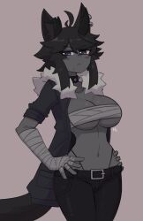 Rule 34 | 1girl, :&lt;, absurdres, ahoge, animal ears, bandaged arm, bandages, belt, belt buckle, black eyes, black hair, black jacket, black pants, blush, borrowed character, breasts, broken horn, buckle, choker, closed mouth, collarbone, colored skin, cowboy shot, doce, ear piercing, eyeshadow, female focus, fingerless gloves, fur-trimmed jacket, fur trim, gloves, grey background, grey skin, half-closed eyes, hands on own hips, highres, horns, jacket, looking at viewer, makeup, midriff, mole, mole under mouth, navel, open clothes, open jacket, original, pants, piercing, sarashi, simple background, solo, spiked choker, spikes, tail, wolf ears, wolf girl, wolf tail