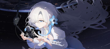 1girl absurdres blue_hair commentary dress earth_(planet) english_commentary flower hair_flower hair_ornament hair_over_one_eye highres isekaijoucho kamitsubaki_studio light_smile microphone planet riai_kurumi solo space star_(sky) virtual_youtuber white_hair