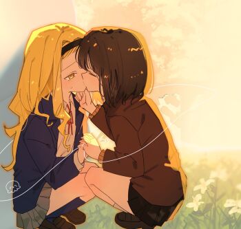 2girls black_hairband black_skirt blonde_hair blush brown_hair brown_jacket brown_shoes closed_eyes grey_skirt hairband hanana_(ymbk_sb) highres holding_hands interlocked_fingers jacket kirarazaka_marina kiss kuze_shizuka loafers long_hair multiple_girls pleated_skirt shirt shoes short_hair skirt squatting string string_of_fate takopii_no_genzai tears white_shirt yellow_eyes yuri