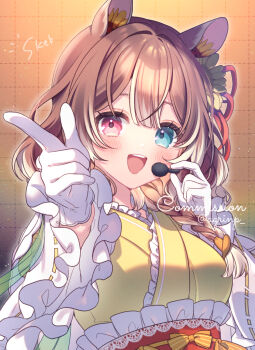 1girl :d animal_ears blue_eyes blush braid breasts brown_hair commentary_request commission copyright_request dotted_line frilled_kimono frilled_sash frilled_sleeves frills gloves grid_background hair_over_shoulder headset heterochromia japanese_clothes kimono long_hair long_sleeves medium_breasts multicolored_hair obi open_mouth red_eyes ribbon-trimmed_sleeves ribbon_trim rinndouk sash skeb_commission smile solo streaked_hair virtual_youtuber white_gloves white_hair wide_sleeves yellow_kimono