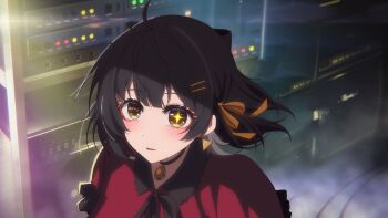 Rule 34 | 1girl, ahoge, alternate costume, anime coloring, back bow, black bow, black choker, black hair, black ribbon, blush, bob cut, bow, brown eyes, capelet, center-flap bangs, chinese commentary, choker, commentary request, cosplay, derivative work, earrings, expressionless, eyeliner, female rover (wuthering waves), floating hair, frilled capelet, frills, gem, hair bow, hair ornament, hair ribbon, hairclip, highres, hoshino ruby, hoshino ruby (cosplay), idol clothes, jewelry, makeup, mismatched pupils, neck ribbon, orange gem, orange ribbon, oshi no ko, parallel hairclips, parted lips, pendant choker, red capelet, red eyeliner, ribbon, rover (wuthering waves), short hair, solo, star-shaped pupils, star (symbol), symbol-shaped pupils, tareme, triangle earrings, wuthering waves, xi xi buxiang shui dajie