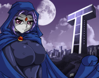 1girl animification black_leotard blue_cape blue_cloak blue_hood breasts cape city cloak cloud colored_skin commentary covered_erect_nipples dc_comics desingahv forehead_jewel gem grey_skin highres hood impossible_clothes jewelry large_breasts leotard lips looking_at_viewer moon night outdoors purple_eyes purple_hair raven_(dc) red_gem short_hair signature skin_tight sky sleeved_leotard smile solo superhero_costume teen_titans titans_tower tower upper_body