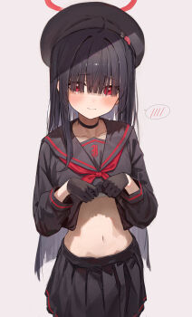 1girl absurdres black_choker black_gloves black_hair black_hat black_sailor_collar black_serafuku black_shirt black_skirt blue_archive choker clothes_lift eyes_visible_through_hair gloves hair_over_eyes halo hat hidulume highres justice_task_force_member_(blue_archive) long_hair looking_at_viewer navel neckerchief pleated_skirt red_eyes red_halo red_neckerchief sailor_collar school_uniform serafuku shirt shirt_lift sidelocks skirt solo stomach
