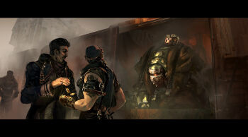 1other 2boys beard ben_lo black_eyes black_hair clothing_request coin display facial_hair fog gauntlets gold_coin hair_slicked_back hand_on_own_hip highres letterboxed looking_at_another looking_at_object machinery multiple_boys muscular muscular_male painterly pinky_ring privateer_press robot serious short_hair shoulder_tattoo sideburns tattoo upper_body window_shopping