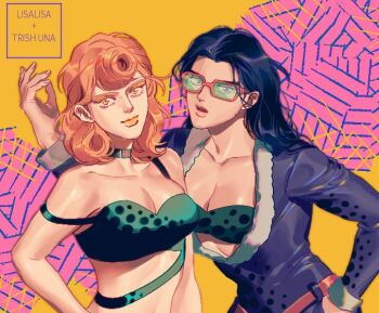 2girls alternate_costume alternate_hairstyle battle_tendency black_hair breasts character_name cleavage closed_mouth collarbone fur_trim jojo_no_kimyou_na_bouken korean_commentary large_breasts lemona633 lisa_lisa long_hair long_sleeves looking_at_viewer medium_hair multiple_girls official_alternate_costume parted_lips pink_hair smile strapless sunglasses trish_una tube_top vento_aureo yellow_lips