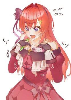 Rule 34 | 1girl, ange katrina, bare shoulders, belt, blush, bow, breast padding, character doll, cheek squash, claw ring, collarbone, commentary request, cosplay, cowboy shot, crossed bangs, doidamon, doll, dress, flying sweatdrops, gloves, grey gloves, hair between eyes, hair bow, hair intakes, hair ornament, hair ribbon, hands up, highres, hyakumantenbara salome, hyakumantenbara salome (1st costume), hyakumantenbara salome (cosplay), juliet sleeves, lips, long hair, long sleeves, looking down, mandragora, niginigi nijitown, nijisanji, off-shoulder dress, off shoulder, open mouth, puffy sleeves, purple belt, purple bow, purple eyes, purple ribbon, red dress, red hair, ribbon, simple background, sleeve cuffs, solo, sound effects, sparkle hair ornament, sweatdrop, teeth, translation request, triangle hair ornament, upper teeth only, very long hair, virtual youtuber, white background