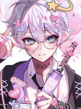 Rule 34 | bandaid, bandaid on finger, bandaid on hand, black jacket, crossdressing, crossdressing (mtf), glasses, heart, highres, holding, jacket, kaminoq, looking at viewer, nail polish, nameplate, neck tattoo, necktie, oreo, original, shirt, shooting star (symbol), tattoo, white hair, white shirt