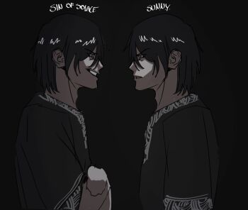 2boys black_hair black_tunic crossed_arms dark dim_lighting dual_persona from_side grey_trim grin highres looking_at_another male_focus multiple_boys narrowed_eyes parted_lips sh1fted_1 shadow_slave short_hair smile sunny_(shadow_slave) tunic