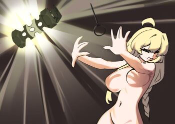 Rule 34 | 1girl, absurdres, ahoge, blonde hair, braid, breasts, centurii-chan, clenched teeth, closed eyes, commentary, completely nude, english commentary, grenade pin, groin, hand shadow covering breasts (meme), highres, large breasts, long hair, meme, navel, no nipples, nude, original, out-of-frame censoring, outstretched arms, solo, stomach, stun grenade, teeth