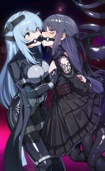 2girls absurdres arms_behind_back ball_gag black_dress blue_eyes blue_hair bodysuit bound bound_arms breasts chastity_belt chastity_bra commentary_request dress drooling elfreda_cyania frilled_dress frills gag gagged highres latex latex_bodysuit linked_gag long_hair looking_at_another looking_at_viewer mecha_musume medium_breasts multiple_girls nipple_rub nipple_stimulation nipple_tweak nipples original pleated_dress purple_eyes purple_hair remote_control_vibrator restrained rnvhr7 sex_toy skin_tight small_breasts tentacles very_long_hair vibrator