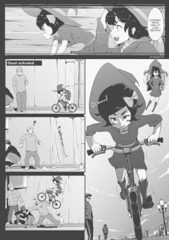 ! !! 2girls accident bicycle blush_stickers bmx boots bow cloud comic concentrating cosplay cup dress dropping_object falling gameplay_mechanics grand_theft_auto grand_theft_auto:_san_andreas greyscale hair_bow hat highres holding holding_cup holly_(tyrone) injury jetpack jumping lily_(tyrone) little_witch_academia luna_nova_school_uniform monochrome motion_lines multiple_boys multiple_girls original outdoors reference riding riding_bicycle sky surprised tyrone witch_hat