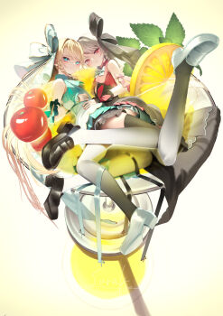 2girls aqua_bow aqua_bowtie aqua_panties arm_bow black_bow black_bowtie black_dress black_footwear black_thighhighs black_wrist_cuffs blonde_hair blue_background blue_eyes blue_footwear blue_nails blue_ribbon bow bowtie braid closed_mouth commentary_request cup dress drink food food_request from_above fruit gradient_thighhighs green_bow hair_bow hand_on_another's_waist highres lemon light_blush long_hair looking_at_viewer lying mary_janes multiple_girls on_side original panties red_eyes red_nails ribbon saraki shoes simple_background single_braid sleeveless sleeveless_dress smile thighhighs underwear very_long_hair white_background white_thighhighs white_trim white_wrist_cuffs wrist_bow wrist_cuffs yellow_trim