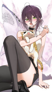 1girl absurdres animal black_choker blush breasts cat chainsaw_man choker collared_shirt crying crying_with_eyes_open dduck_kong extra_eyes green_eyes grenade_pin hair_between_eyes hair_bun highres long_hair_between_eyes looking_at_viewer pull_cord purple_hair reze_(chainsaw_man) shark shirt short_hair simple_background sleeveless sleeveless_shirt smile solo streaming_tears tears white_shirt