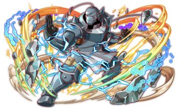1boy alphonse_elric anime_coloring apron arm_armor armor artist_request bird black_sclera closed_mouth collar colored_sclera crash_fever debris electricity fake_horns fighting_stance floating_clothes full_armor full_body fullmetal_alchemist game_cg gauntlets gloves grey_armor grey_collar grey_footwear helmet hexagon honeycomb_(pattern) horned_helmet horns leg_armor legs_apart living_armor male_focus no_humans number_print numbered official_art outline plate_armor pouch print_armor red_outline shoulder_spikes single_horn smoke solo sparkle spiked_footwear spiked_helmet spikes square square_print standing thigh_pouch thigh_strap third-party_source transparent_background white_apron white_bird white_eyes