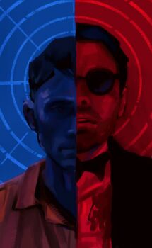 2boys blue_background bullseye_(marvel) daredevil_(netflix) facial_hair formal_clothes geti_09 glasses highres male_focus marvel marvel matt_murdock multiple_boys prison_clothes red_background round_eyewear suit