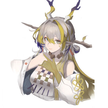 Rule 34 | 1girl, absurdres, arknights, bare shoulders, blonde hair, closed mouth, colored extremities, commission, cropped torso, dragon girl, dragon horns, earrings, eyeliner, green eyes, grey hair, hair between eyes, hair intakes, highres, horns, jacket, jewelry, light smile, linkai, long hair, long sleeves, looking at viewer, makeup, mihuashi commission, multicolored hair, necklace, off shoulder, orange eyeliner, pointy ears, purple hair, shu (arknights), simple background, solo, strapless, tube top, white background, white jacket, white tube top