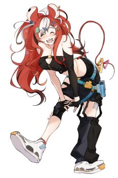 Rule 34 | 1girl, absurdres, animal ear fluff, animal ears, artist name, bandaid, bandaid on leg, belly chain, belt, belt pouch, black gloves, black hair, black pants, black streaks, blue eyes, blush, breasts, clasp, cleavage, closed eyes, clothing cutout, commentary, compression sleeve, crop top, detached pants, double-parted bangs, elisbian, fingerless gloves, gloves, hair between eyes, hair ornament, hairclip, hakos baelz, hakos baelz (casual), highres, hip vent, hololive, hololive english, jewelry, knee pads, leaning forward, long hair, medium breasts, mouse ears, mouse tail, multicolored hair, multiple belts, multiple hair clips, official alternate costume, own hands clasped, own hands together, pants, pouch, red hair, safety pin, sharp teeth, shoes, shorts, side ponytail, skindentation, smile, star (symbol), streaked hair, tail, tail ornament, teeth, thigh pouch, thigh strap, virtual youtuber, white background, white hair, white shoes, zipper