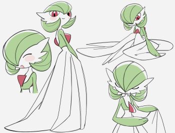 Rule 34 | blush, bob cut, closed eyes, colored skin, commentary request, dress, gardevoir, gen 3 pokemon, green hair, green skin, korean commentary, multicolored skin, multiple views, nintendo, pink eyes, pokemon, pokemon (creature), rmaqnjddl on, simple background, smile, two-tone skin, white background, white dress, white skin
