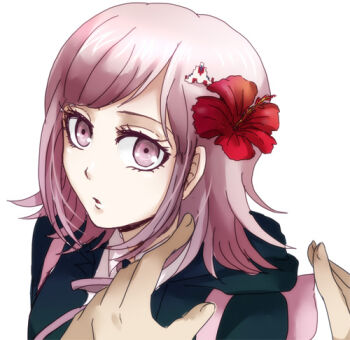 1boy 1girl black_jacket collared_shirt commentary_request danganronpa_(series) danganronpa_2:_goodbye_despair flower hair_flower hair_ornament hinata_hajime hood hood_down hooded_jacket jacket looking_at_viewer lowres medium_hair nanami_chiaki neck_ribbon pink_eyes pink_hair pink_ribbon red_flower ribbon saya_(piacere_sy) shirt simple_background solo_focus white_background white_shirt