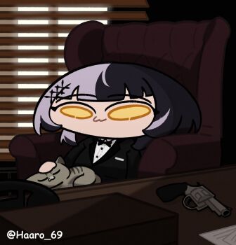 1girl :3 animal animal_on_lap black_bow black_bowtie black_hair black_jacket black_suit bow bowtie cat cat_on_lap chair chibi chibi_only closed_mouth desk formal_clothes grey_cat grey_hair gun haaro handgun hololive hololive_english indoors jacket multicolored_hair on_lap revolver shiori_novella sitting solo split-color_hair suit suit_jacket the_godfather twitter_username two-tone_hair virtual_youtuber weapon yellow_eyes