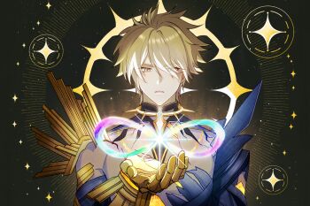 1boy amphoreus_(honkai:_star_rail) blonde_hair gold highres holding honkai:_star_rail honkai_(series) male_focus phainon_(honkai:_star_rail) phainon_(khaslana)_(honkai:_star_rail) runya_21 solo upper_body yellow_eyes