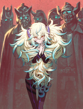 Rule 34 | 6+boys, fujii eishun, hashtag-only commentary, helmet, highres, long sleeves, looking at viewer, mask, messy hair, multiple boys, original, puffy long sleeves, puffy sleeves, red background, red eyes, smile, striped hair, thighhighs, twintails, white hair