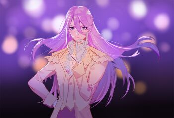 1boy blurry blurry_background center_frills closed_mouth coat commentary_request cowboy_shot epaulettes frills hachisuka_kotetsu hair_between_eyes hand_on_own_hip long_hair looking_at_viewer male_focus ncww_rinichi pink_hair purple_eyes solo touken_ranbu