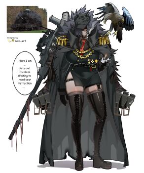 1girl absurdres aiguillette award_ribbon belt bird black_boots black_gloves body_blush boots breasts buttons camouflage chain cigarette coat commentary eagle english_commentary english_text epaulettes fur-trimmed_jacket fur_trim gloves grey_hair hat highres holding holding_lighter jacket lace-up_boots large_breasts lighter medium_hair military military_hat military_jacket military_uniform military_vehicle motor_vehicle necktie nisp_art original personification photo-referenced red_eyes red_necktie simple_background solo speech_bubble tank thigh_boots thigh_strap thighhighs thighs trench_coat two-headed_eagle white_background zippo_lighter