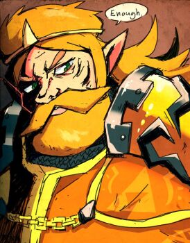 1boy armor beard blonde_facial_hair blonde_hair circlet english_text facial_hair green_eyes king_harkinian male_focus mustache nintendo pauldrons pointy_ears setz shoulder_armor solo speech_bubble the_legend_of_zelda the_legend_of_zelda_(cd-i) triforce