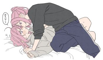 2girls amaori_haruna amaori_renako black_sweater blue_pants blush breasts commentary_request dayama fingernails flat_color grey_hoodie highres hood hoodie incest looking_at_another medium_breasts multiple_girls on_bed pants parted_lips pink_hair purple_eyes siblings simple_background sisters speech_bubble sweat sweater teeth translation_request watashi_ga_koibito_ni_nareru_wake_naijan_murimuri! white_background yuri