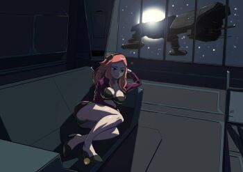 1girl 4chan advanced_ship_(eve_online) aged_up alternate_breast_size_(larger) ass breasts caldari_state_(eve_online) cleavage couch cruiser cruiser_(eve_online) eve_online female_focus full_moon hairband indoors kukuruyo large_breasts military military_vehicle moon red_hair ship smile solo space space_ship spacecraft spaceship star_(symbol) strategic_cruiser_(eve_online) tech_3_ship_(eve_online) tengu_(eve_online) vivian_james warship watercraft