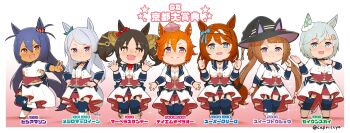 +_+ 6+girls :d animal_ears animal_hat black_hair black_hat blue_eyes blue_hair blue_thighhighs blush boots braid breasts brown_eyes capriccyo chibi cleavage closed_mouth commentary_request cropped_jacket crown fake_animal_ears fang flower garter_straps gradient_background grey_hair hair_between_eyes hair_flower hair_ornament hair_rings hairclip hat highres hishi_amazon_(umamusume) horse_ears horse_girl horse_tail jacket large_breasts long_hair marvelous_sunday_(umamusume) medium_breasts mejiro_mcqueen_(umamusume) mini_crown multiple_girls open_mouth orange_eyes orange_hair pink_background purple_eyes red_shorts seiun_sky_(umamusume) shorts smile starting_future_(umamusume) super_creek_(umamusume) sweep_tosho_(umamusume) t.m._opera_o_(umamusume) tail thighhighs thighhighs_under_boots translation_request twintails twitter_username two_side_up umamusume v-shaped_eyebrows very_long_hair white_background white_boots white_jacket witch_hat yellow_flower