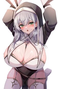 Rule 34 | 1girl, absurdres, arms up, black hat, blush, breast curtains, breasts, cleavage, covered navel, garter straps, green eyes, grey hair, hat, highres, hinoki kahun0, hololive, huge breasts, jewelry, kneeling, long hair, looking at viewer, looking up, necklace, nun, official alternate costume, official alternate hairstyle, open mouth, pelvic curtain, restrained, shiny skin, shirogane noel, shirogane noel (battle nun), skindentation, solo, sweat, thighhighs, virtual youtuber, white background, white garter straps, white thighhighs