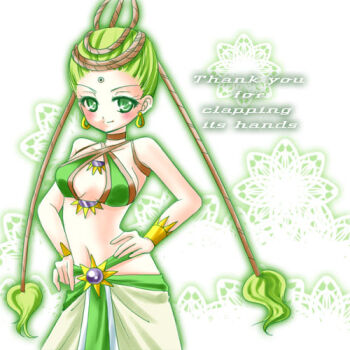 1990s_(style) 1girl bikini bikini_top_only bindi bishoujo_senshi_sailor_moon bishoujo_senshi_sailor_moon_supers earrings english_text engrish_text female_focus green_bikini green_eyes green_hair hands_on_own_hips jewelry junjun_(sailor_moon) lowres matching_hair/eyes pants ranguage retro_artstyle shirataki_kaiseki short_hair smile solo swimsuit thank_you