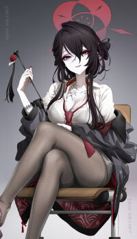 1girl absurdres black_hair black_pantyhose blue_archive breasts bucho_sama collared_shirt crossed_legs eyeliner flip-flops hair_between_eyes hair_ornament hair_stick halo highres kokuriko_(blue_archive) large_breasts looking_at_viewer loose_necktie makeup necktie pale_skin pantyhose red_eyeliner red_eyes red_halo red_lips red_necktie sandals school_uniform shirt sitting solo spider_web_pattern thighs white_shirt