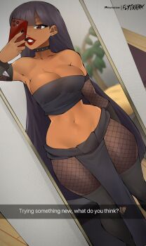 1girl black_hair breasts brown_eyes caption chel_(el_dorado) choker cleavage collar earrings fishnet_pantyhose fishnet_sleeves fishnets flytrapxx goth_fashion highres jewelry large_breasts long_hair medium_breasts midriff mirror mirror_selfie pantyhose phone selfie solo spiked_collar spikes the_road_to_el_dorado thighhighs