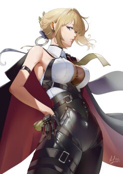 1girl absurdres arm_strap armpits bare_shoulders black_coat black_pants black_ribbon blonde_hair breasts camus_(luthfancamus) chest_harness coat coat_on_shoulders commentary cowboy_shot earrings english_commentary evelyn_chevalier gloves half_gloves hand_on_own_hip harness high-waist_pants highres jewelry large_breasts latex_pants long_ribbon looking_to_the_side mole mole_under_eye necktie pants parted_lips pendant_choker purple_eyes ribbon ring_hair_ornament see-through_clothes shirt sideways_glance signature simple_background single_half_glove sleeveless sleeveless_shirt solo thigh_strap tight_clothes tight_pants white_background white_shirt yellow_necktie zenless_zone_zero